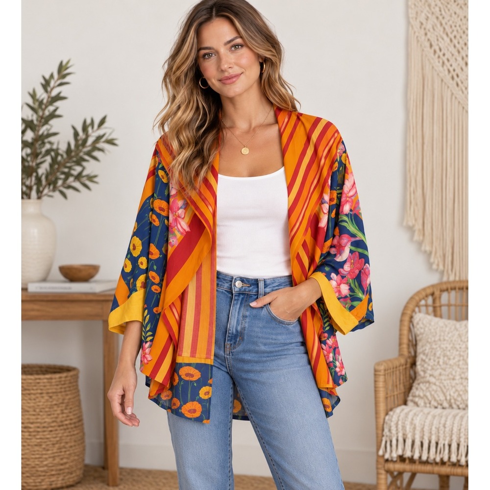 NWT Free People Floral Stripe Kimono Wrap Orange Blue Boho Cardigan | OS
